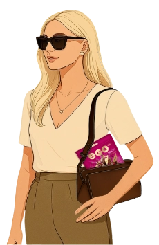 Kobieta w okularach przeciwsłonecznych z torebką, z której wystaje fioletowe opakowanie pralin.